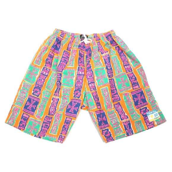 Vtg 80s TIE RACK Troppical Beach Shorts Swim Trunks New Wave Neon Boys sz M /753